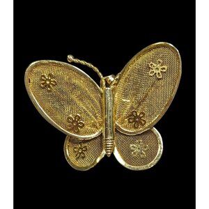 Vintage Fairycore Glam Mesh Butterfly Brooch/Pendant Gold Tone With Floral Accen